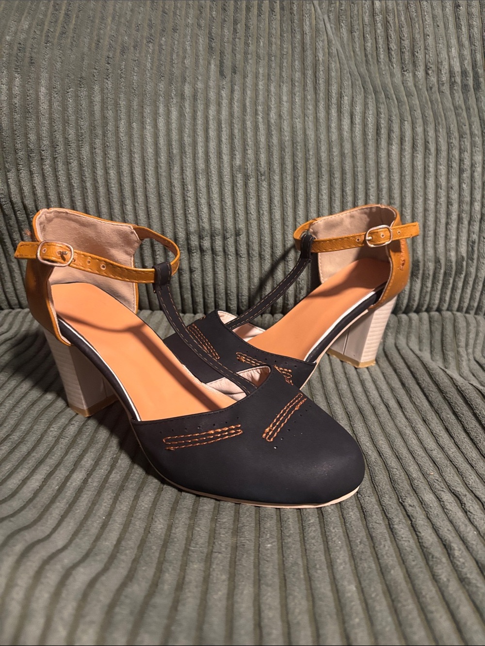 Women’s Black and Tan Block Heel Ankle-Strap Pump